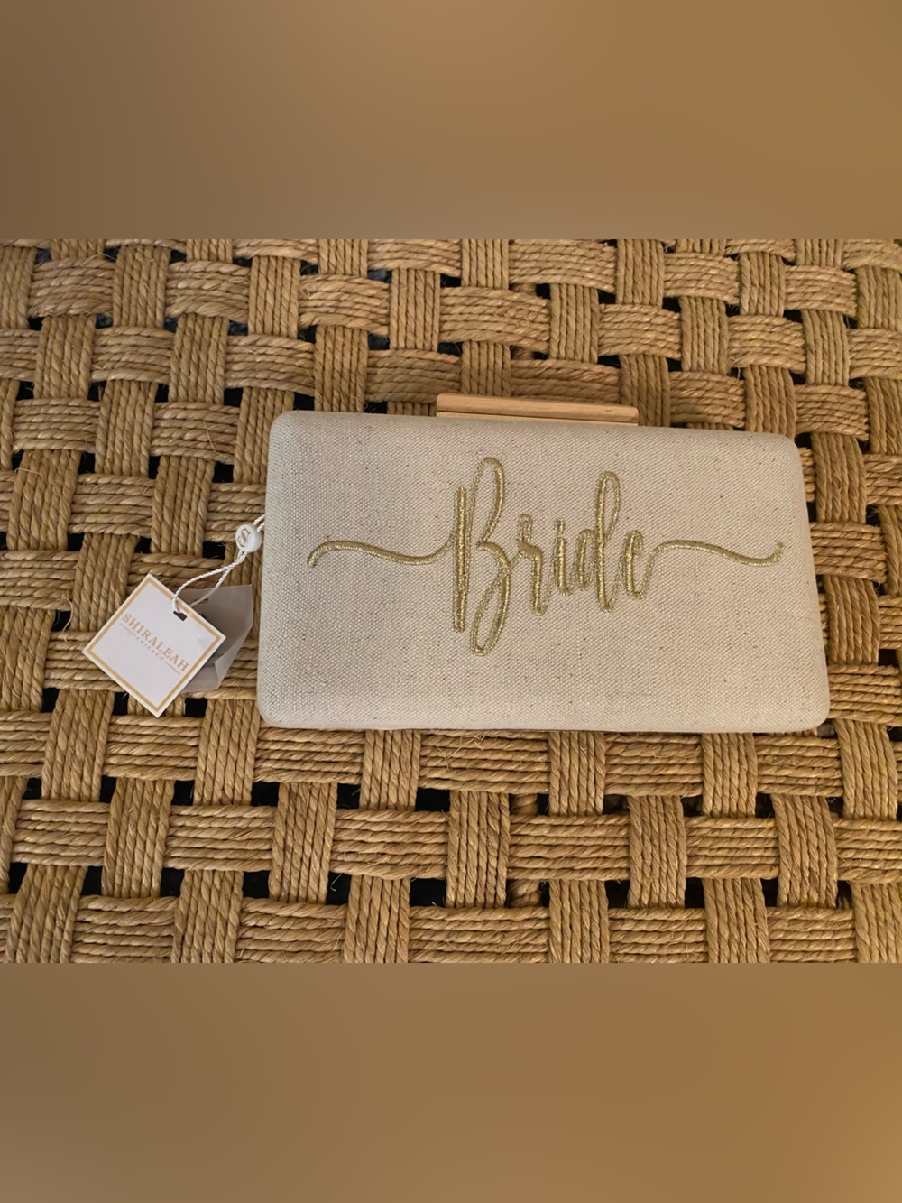 Shiraleah Bridal 'Bride' Embroidered Canvas Clutch - Gold Script. Gold Strap.NWT